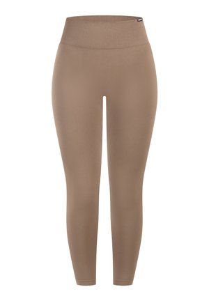 Brązowe legginsy z wysokim stanem wykonane z elastycznego materiału, z szerokim, prążkowanym pasem i gładką fakturą bez widocznych szwów.