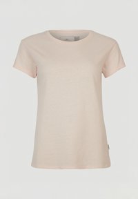 Lichtroze t-shirt met korte mouwen, gemaakt van zachte katoen. Voorzien van een klassieke ronde halslijn en een rechte zoom. Minimalistisch ontwerp zonder patronen.