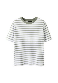 Pasekowany t-shirt w białym i jasn green. Krótkie rękawy, okrągły dekolt, wykonany z miękkiej bawełnianej tkaniny, z równomiernie rozmieszczonymi poziomymi paskami.