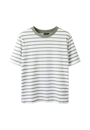 T-shirt a righe in bianco e verde chiaro. Maniche corte, collo rotondo, realizzata in morbido cotone, con strisce orizzontali uniformemente distanziate.