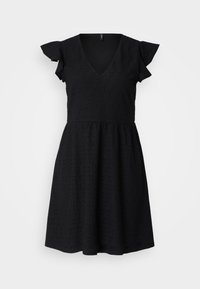 Robe noire avec un décolleté en V, des manches courtes à volants et une jupe évasée. Fabriquée en tissu texturé avec un motif floral.