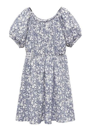 Blauwe jurk met bloemenprint, korte pofmouwen, geplooide halslijn en een getailleerde taille die overgaat in een uitlopende rok.