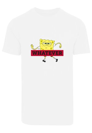 White cotton t-shirt featuring a yellow cartoon character with a square shape, arms raised, and the word "WHATEVER" in bold red letters.