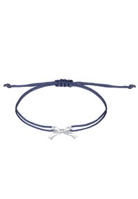 Mörkblå justerbar snörarmband med en liten silverfärgad rosett i mitten, med en ren, slät textur och säker knut.