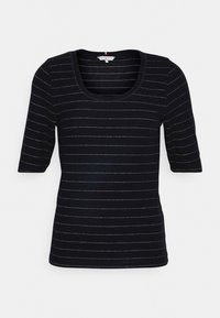 Černý pletený top s krátkými rukávy, s horizontálními zlatými pruhy, kulatým výstřihem a slim fit střihem. Měkká textura s žebrovanými detaily.