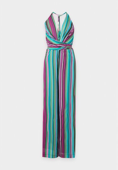 Ολόσωμη φόρμα χωρίς μανίκια με halter neck, φαρδιά μπατζάκια και κάθετες ρίγες σε τυρκουάζ, ροζ, πράσινο, μαύρο και λευκό χρώμα.