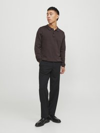 Polo shirt a maniche lunghe color marrone scuro con colletto e pattina a tre bottoni, abbinato a pantaloni neri e scarpe nere. Design semplice e vestibilità comoda.