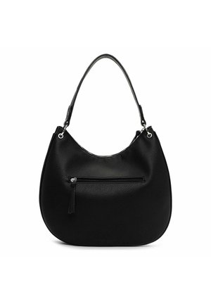 Schwarze Handtasche aus strukturiertem Leder mit einem einzelnen Trageriemen und einer vorderen Reißverschlusstasche, präsentiert vor weißem Hintergrund.