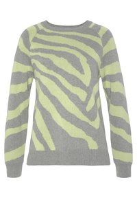 Grauer Pullover mit limettengrünen Zebra-Streifen, Rundhalsausschnitt, langen Ärmeln und geripptem Saum. Weicher Griff und mittelschwere Strickware.