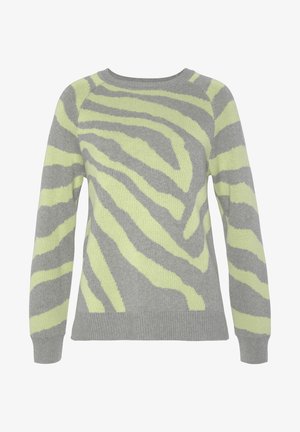 Maglione grigio con strisce a zebra verde lime, scollo rotondo, maniche lunghe e orlo a coste. Tessuto a maglia di peso medio con una texture morbida.