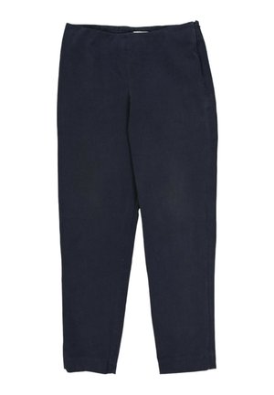 Pantalon bleu marine coupe droite avec une fermeture éclair dissimulée sur le côté et sans poches ni ornements visibles.