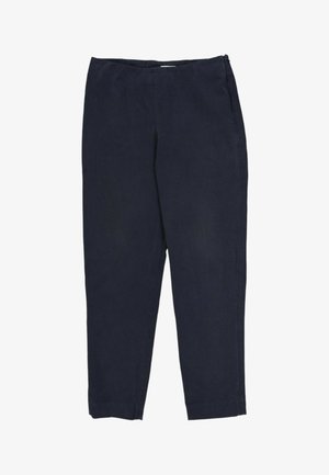 Pantalon bleu marine coupe droite avec une fermeture éclair dissimulée sur le côté et sans poches ni ornements visibles.