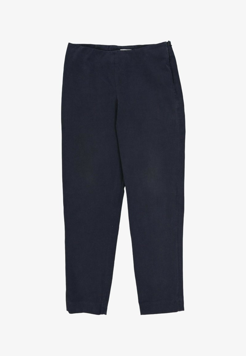Pantalon bleu marine coupe droite avec une fermeture éclair dissimulée sur le côté et sans poches ni ornements visibles.