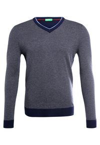 Marinblå V-halsad tröja med fiskbensmönster, featuring långa ärmar och ribbade muddar och fåll, tillverkad av ett texturerat tyg.