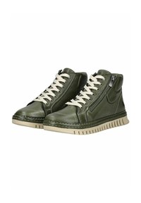 Zapatillas altas de cuero verde con cordones crema, cremallera lateral y suela de goma texturizada con borde dentado. Costuras visibles.