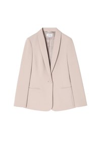 Blazer beige clair ajusté avec revers cranté, fermeture à un bouton et deux poches avant. Texture lisse et forme structurée.