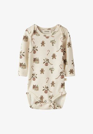 Langarm rompertje in crème met een patroon van peperkoekmannetjes en feestelijke cadeaus. Zacht materiaal met drukknoopsluiting aan de onderkant voor gemakkelijke dressing.