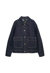 Giacca in denim scuro con colletto classico, due tasche frontali, bottoni a pressione in argento e cuciture a contrasto.