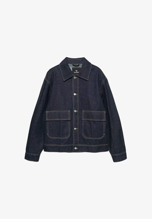 Veste en denim foncé avec un col classique, deux poches avant, des boutons-pression argentés et des coutures contrastées.