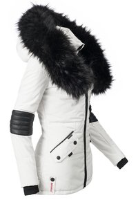 White insulated jacket with a detachable black fur hood, black sleeves with quilted accents, front pockets, and a zip closure.