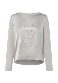 Light gray long-sleeve shirt with a rounded neckline, featuring a circular pattern of the word "GOOD" in silver accents across the front.
