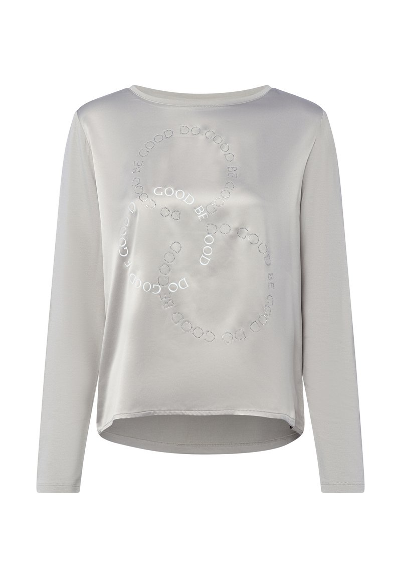 Light gray long-sleeve shirt with a rounded neckline, featuring a circular pattern of the word "GOOD" in silver accents across the front.