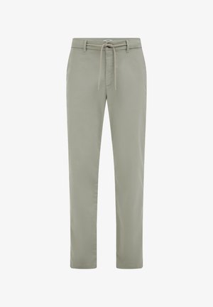 Pantalones de pierna recta color gris claro con trabillas para cinturón, bolsillos delanteros y cordón ajustable en la cintura, mostrados sobre un fondo blanco.