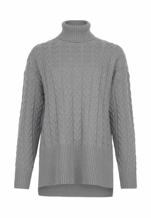 Grå stickad tröja med hög hals, med kabelmönster och ribbad nederkant. Designen är oversized med långa ärmar och avslappnad passform.