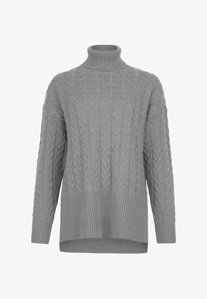 Grå stickad tröja med hög hals, med kabelmönster och ribbad nederkant. Designen är oversized med långa ärmar och avslappnad passform.