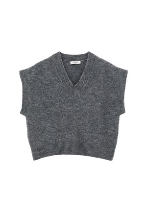 Szara krótka kamizelka wykonana z dzianiny, z dekoltem w serek, krótkimi rękawami, prążkowanym wykończeniem na dole oraz gładką fakturą z subtelnymi odcieniami.