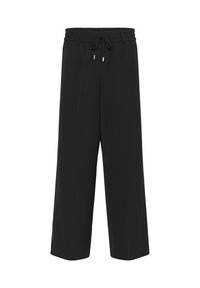 Čierne skrátené nohavice s elastickým pásom, detaily so šnúrkou a hladkou textúrou látky. Obsahujú dve bočné vrecká.