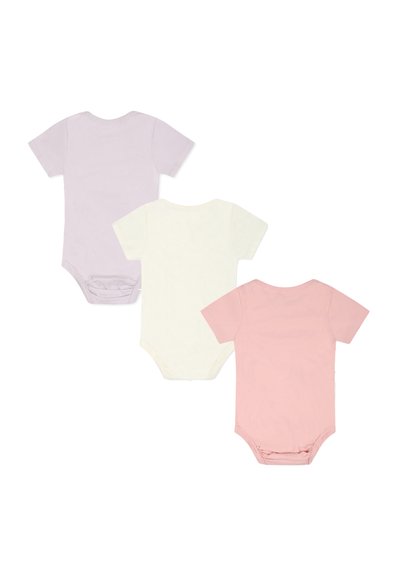 Trois bodys en coton pour bébé dans les couleurs lavande, blanc et rose. Manches courtes, tissu en coton doux, col rond et fermeture à pression en bas.