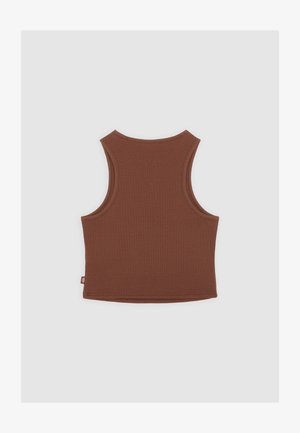 Hnědý žebrovaný tílko s těsným siluetem, kulatým výstřihem a širokými průramky. Obsahuje malou logo visačku na lemu.