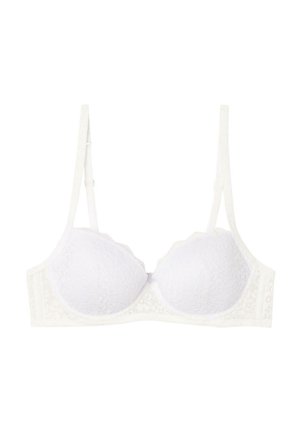 Weißer Spitzen-BH mit geformten Cups, gewellten Kanten und verstellbaren Trägern. Glatte Textur mit floralem Muster an den Seiten.