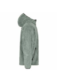 Giacca in pile verde peloso con cappuccio, tasca laterale con zip e dettagli neri. Tessuto morbido e vestibilità comoda.