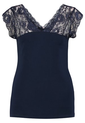 Námorníčka s výstřihem do V a krátkými krajkovými rukávy. Tělo je hladké, zatímco krajka má květinový vzor podél ramen a výstřihu.
