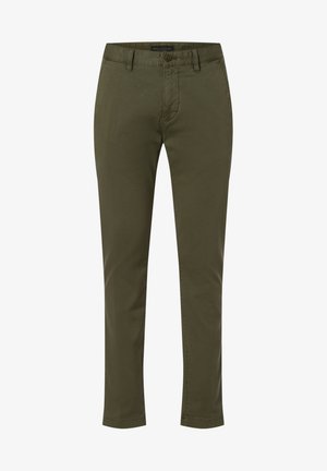 Olivgrüne Chinos aus einem Baumwoll-Mischgewebe, mit Reißverschluss und Knopfverschluss, vorderen und hinteren Taschen sowie einem schmalen Bein Design.
