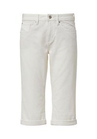 Shorts en denim blancs arrivant au genou avec ourlets retroussés, design à cinq poches, fermeture à bouton et passants de ceinture, fabriqués en tissu mélangé coton.