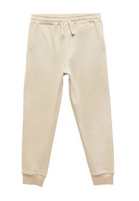 Beiga sweatpants gjorda av mjukt tyg med elastisk midja, justerbar dragsko och sidofickor; smalnande muddar vid anklarna.