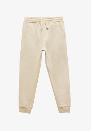 Pantalones de chándal beige hechos de una tela suave, con una cintura elástica, cordón ajustable y bolsillos laterales; con puños ajustados en los tobillos.