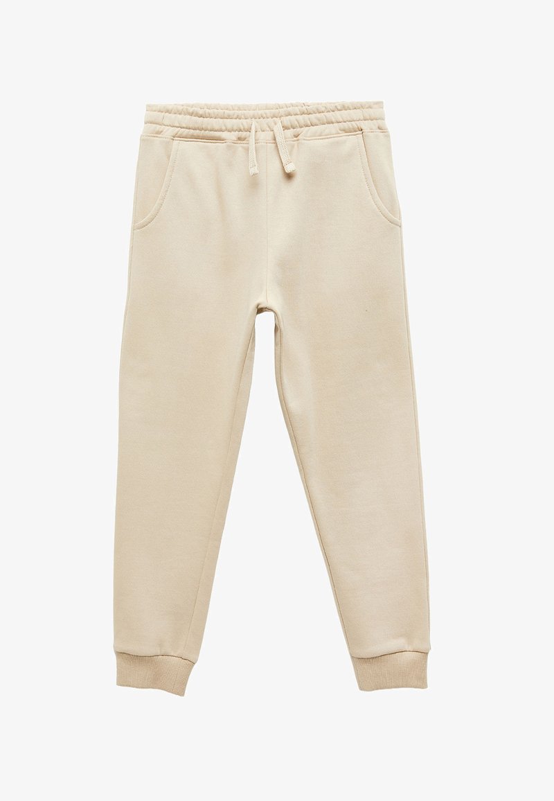 Beige sweatpants lavet af blødt stof med elastisk talje, justerbar snor og sidelommer; indsnit ved anklerne.