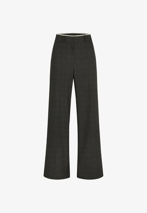 Dark gray high-waist wide-leg trousers with subtle check pattern and belt loops, shown flat on white background.