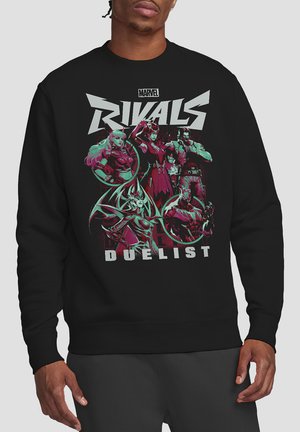 Schwarzes Sweatshirt mit einem bunten Grafikdesign von Marvel-Charakteren, fettem Text mit "RIVALS" und "DUELIST." Aus Baumwolle, Rundhalsausschnitt.