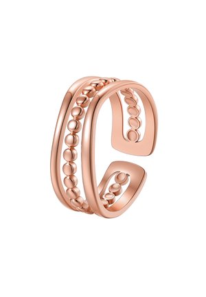 Offener Ring aus Roségold mit drei parallelen Reihen, wobei die mittlere Reihe kleine polierte Kugeln aufweist.