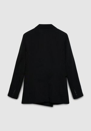 Blazer nero su misura con maniche lunghe, colletto a risvolto e polsini con bottoni, mostrato di schiena su uno sfondo grigio chiaro.