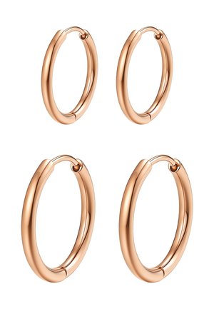 Four pairs of polished rose gold hoop earrings in small and medium sizes, displayed on a white background.