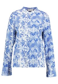 Camicia a maniche lunghe, blu e bianca, con colletto alla mandarino, decorata con motivi floreali e geometrici, e chiusura con bottoni. Tessuto morbido.