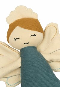 Soft doll with a round, beige head, brown hair, and embroidered face. Blue body with cream-colored wings featuring stitched accents.