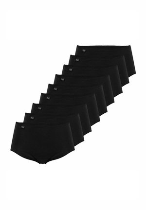 Black cotton hipster underwear set, featuring an elastic waistband and short leg openings, arranged in a stack of ten identical pieces.