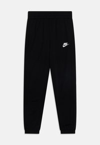 Mustad mustad Nike püksid elastse vöökohtumisega ja sääre kinnitustega. Parempoolses reies on valge logo. Sile tekstuur, kinnine lõige.
